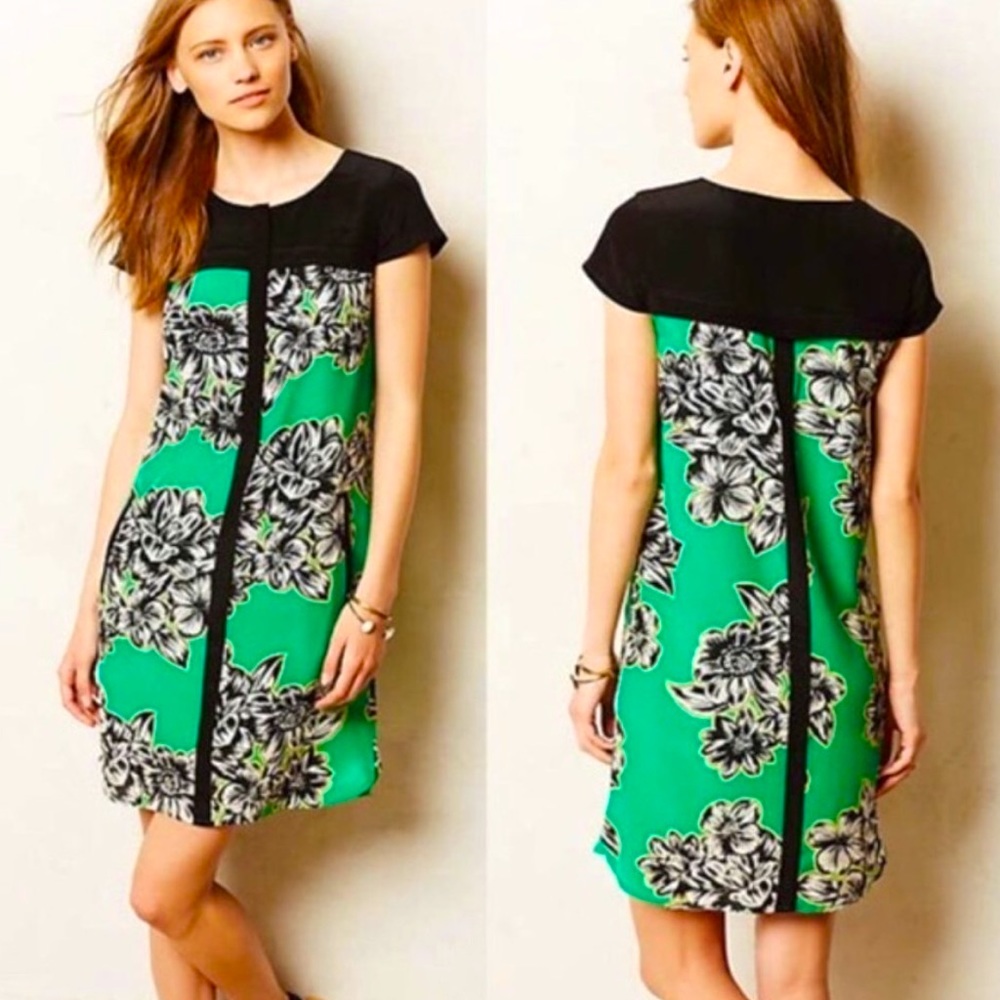 Maeve Anthropologie Ayame Silk Green Floral Print Cap Sleeve Shift Dress 2